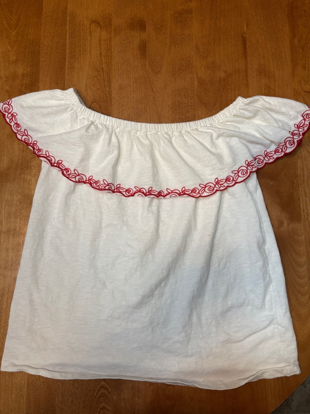 J. Crew White Off-Shoulder Top with Red Embroidery